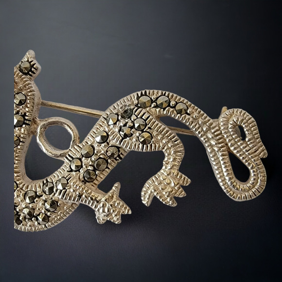 Year of the Dragon, Vintage Marcasite Dragon Brooch, Sterling Silver, 2.5 Inch - Picture 7 of 7